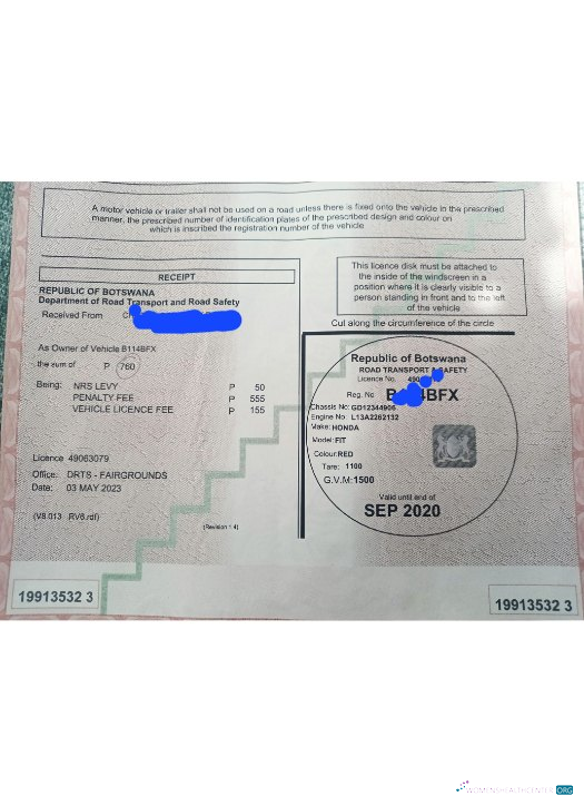 Download Botswana vehicle registration certificate Photoshop template